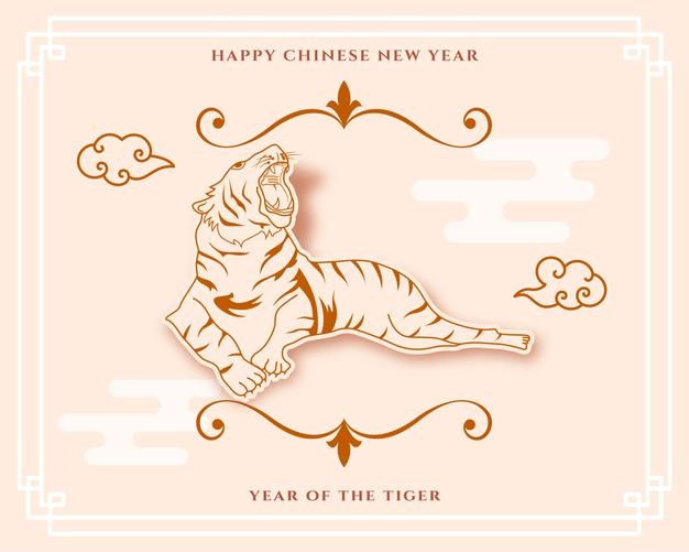 Happy chinese new year of tiger celebration card with clouds in flat style