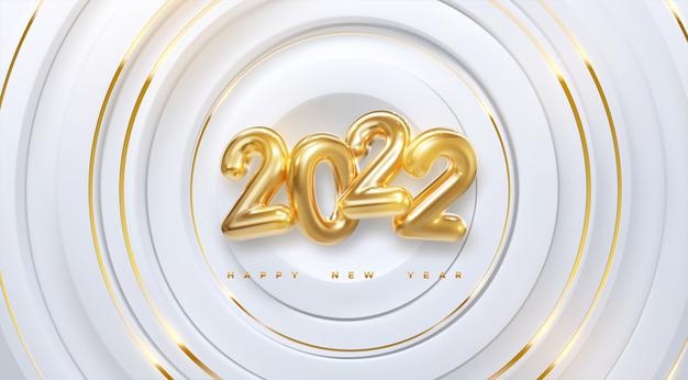 Happy new 2022 year. vector holiday illustration of golden numbers 2022. white and gold radial shapes background. 3d new year sign. festive poster or banner design. party invitation
