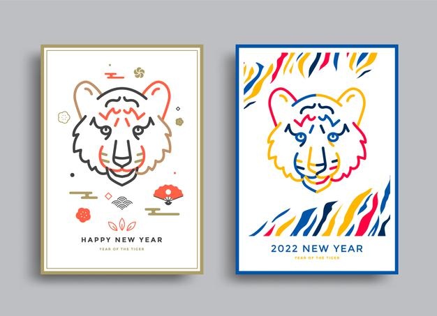 Happy new year 2022 posters with tiger face the year of the tiger japanese new year invite vector