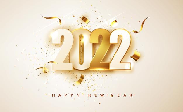 Happy new year 2022. white and golden numbers on white background. holiday greeting card design.