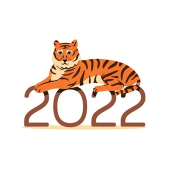 Happy new year 2022 year of the tiger happy new year with cute tiger lying on numbers 2022