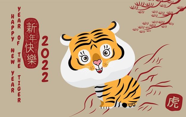 Happy new year, chinese new year, 2022, year of the tiger, cartoon character, cute flat design (translate : tiger )