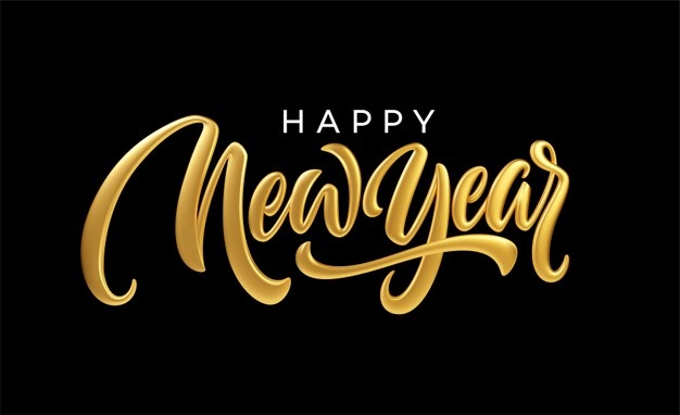 Happy new year. realistic golden metal lettering isolated on black background.