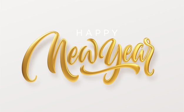 Happy new year. realistic golden metal lettering isolated on white background.