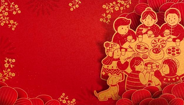Heartwarming reunion dinner during lunar new year in paper art, red and golden color tone