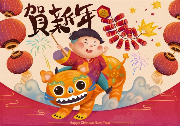 Kid riding on orange tiger and holding firecrackers for lunar year
