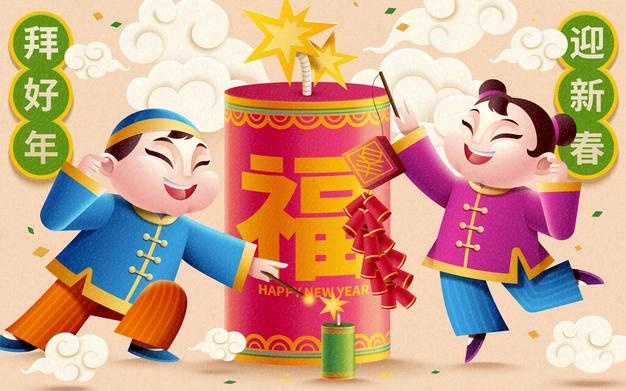 Kids lighting up firecrackers for lunar year on beige background