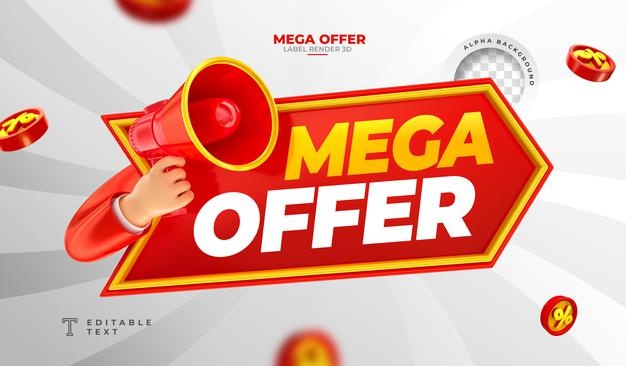 Label mega offer 3d render with megaphone and hand in cartoon template design
