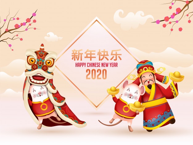 Landscape background with rat cartoon wearing dragon costume and chinese god of wealth enjoying on the occasion of 2020 happy chinese new year
