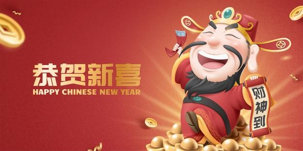 Laughing god of wealth holding red packet and scroll on red background