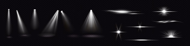Light beams from spotlights and flashes isolated on transparent background. realistic set of flare effects, bright white rays and glares with sparks. shines and flares of projector