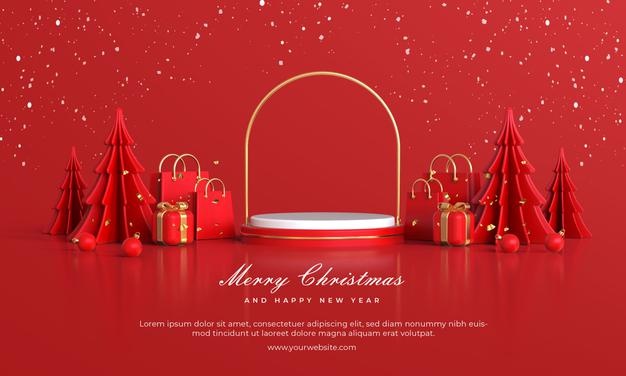 Merry christmas and happy new year with 3d empty podium and christmas ornaments