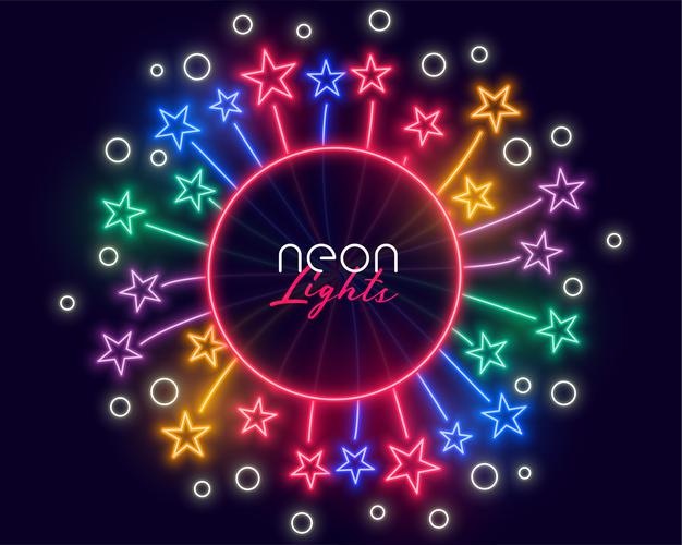Neon celebration frame with stars bursting outwards