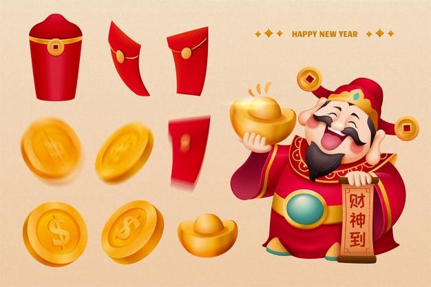 New year god of wealth character design with lucky money collection