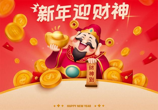 New year god of wealth holding gold ingot with lucky money flying out from bottom