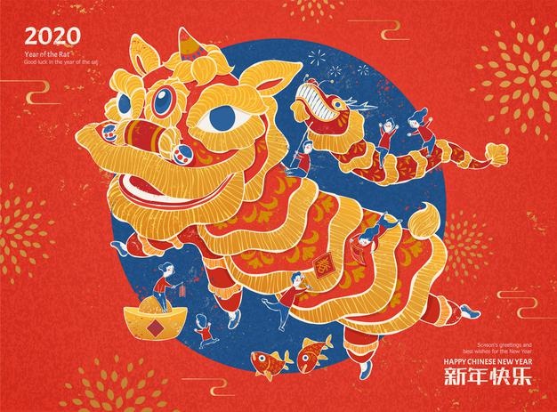 New year lion dance illustration in screen printing style