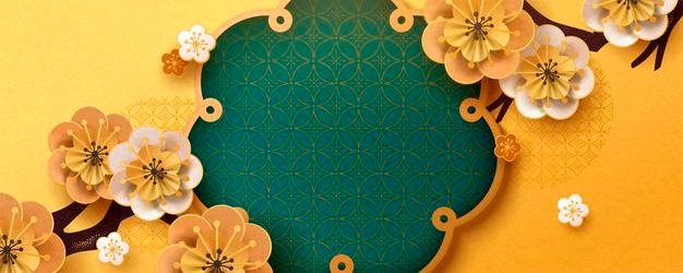 Paper art flower banner design with gold and turquoise color