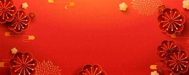 Paper art flower banner design with red color background