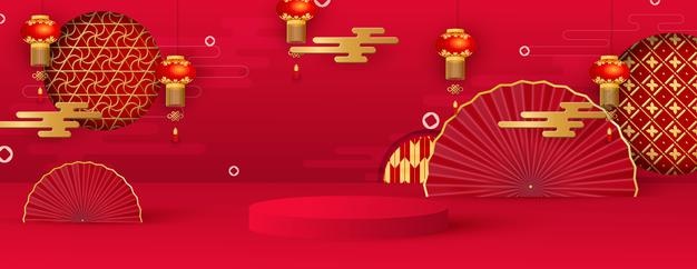 Platform and podium for presentations. festive christmas background, hanging lanterns, fans, traditional patterns. happy new year of the tiger. vector illustration