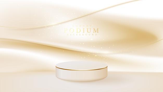 Podium product display with golden curve line on luxury canvas background. empty space for place beauty or cosmetics product, 3d realistic vector illustration.