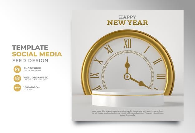 Post social media new year 2022 3d render template design podium clock realistic