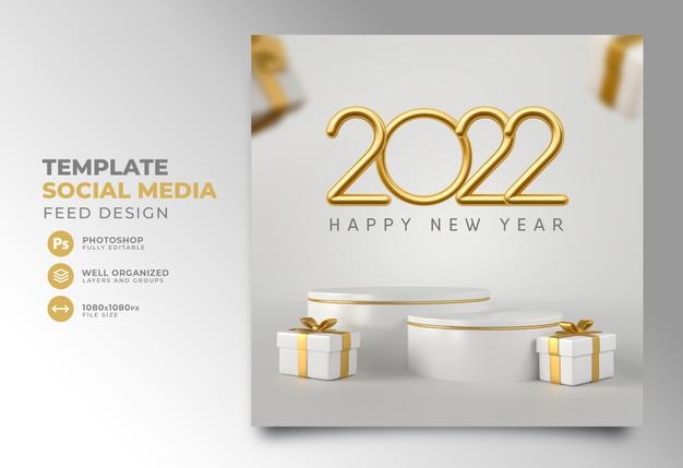 Post social media new year 2022 3d render template design podium gift realistic
