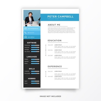 Professional curriculum vitae template with blue shapes