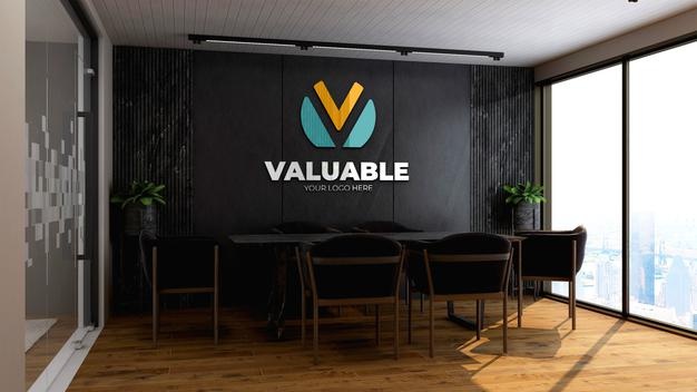Realistic company logo mockup template in the office meeting room