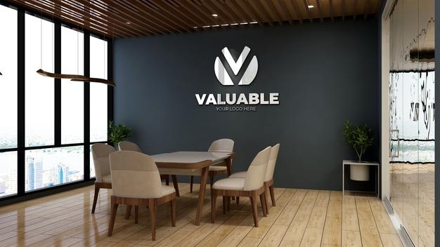 Realistic company logo mockup in wooden minimalist office meeting room for a branding logo