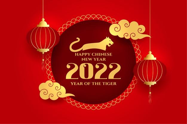 Red chinese new year background with hanging lanterns