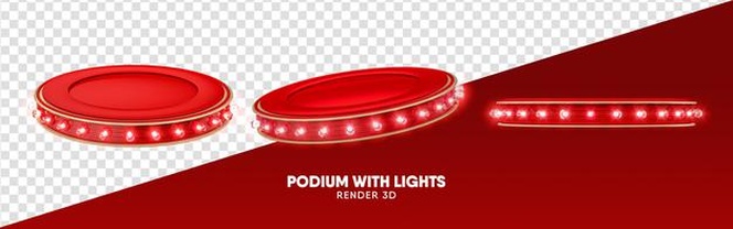 Red podium 3d render with lights in multiple perspectives on transparent background