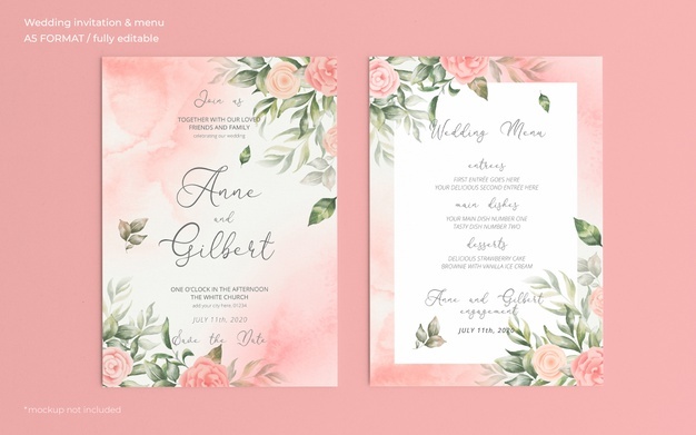 Romantic watercolor wedding invitation and menu template
