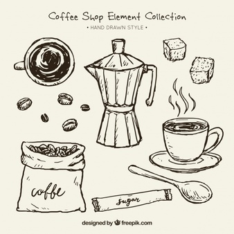 Sketches of coffee maker and elements for coffee pack