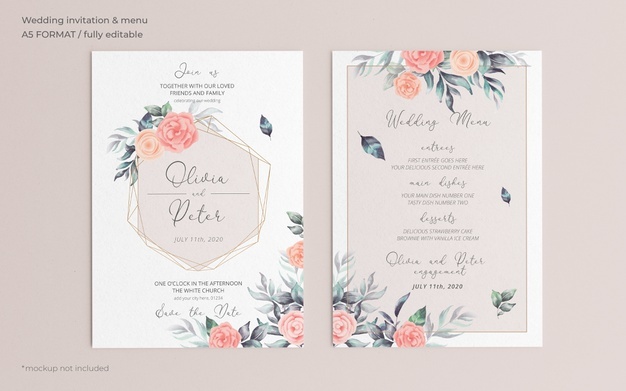Soft floral wedding invitation and menu template