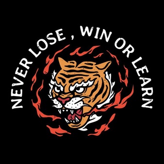 Tiger head illustration with flames and slogan in vintage style on black background