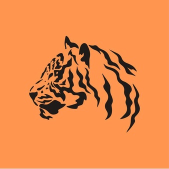Tiger head symbol logo on orange background wild animal tribal tattoo design stencil flat vector