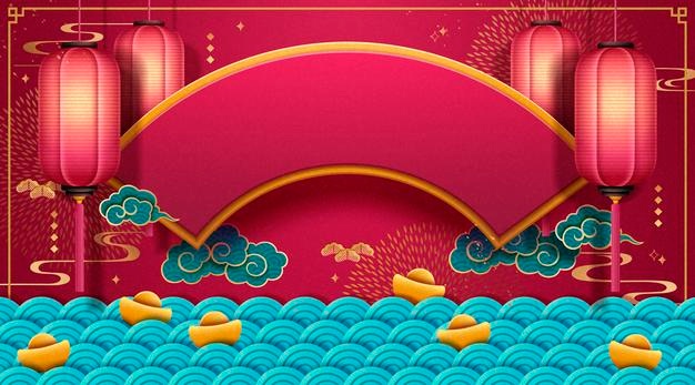 Traditional chinese spring festival background with red lanterns, fan shaped plaque and wave pattern