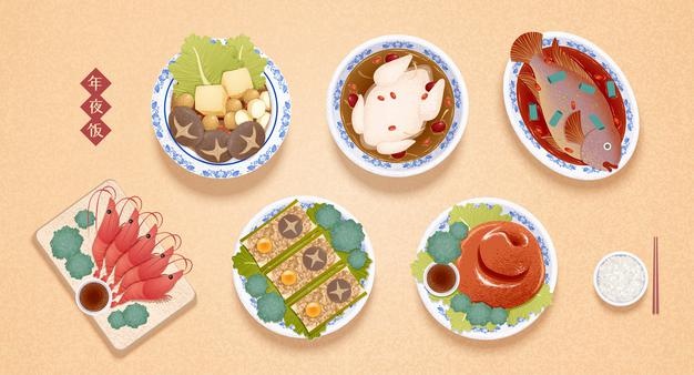 Traditional lavish dishes for chinese new year in top view angle
