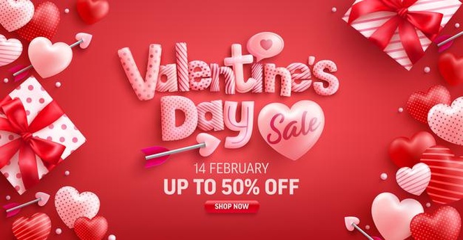 Valentine's day sale 50% off banner with cute gift box and sweet hearts on red