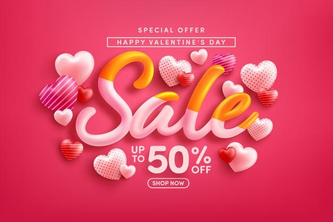 Valentine's day sale 50% off poster or banner with sweet hearts on red
