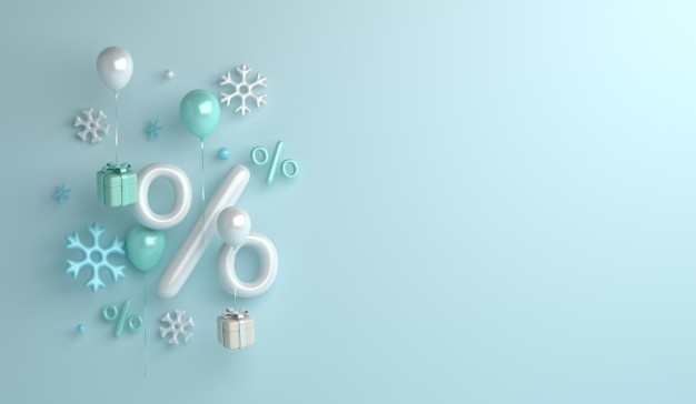 Winter sale background with balloon snowflakes gift box Premium Photo