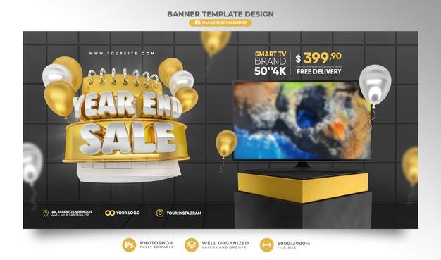 Year end sale banner in 3d render with balloons and podium for marketing composition