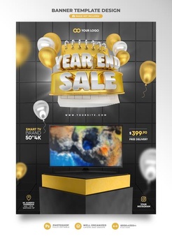 Year end sale banner in 3d render with balloons and podium for marketing composition