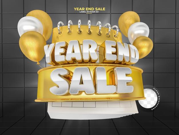 Year end sale label in 3d render with balloons and podium for marketing composition